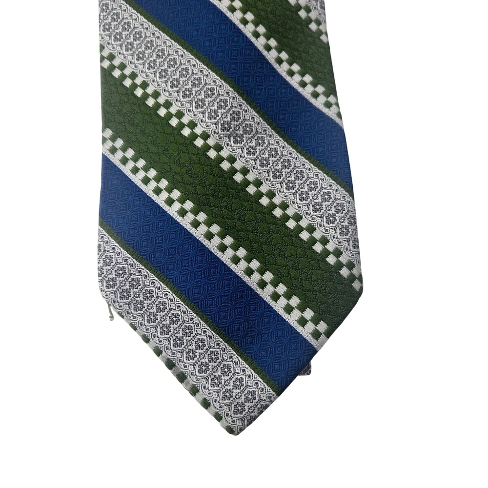 Cesare Larini Vintage Necktie Blue Green Silver Geometric Striped Jacquard Tie